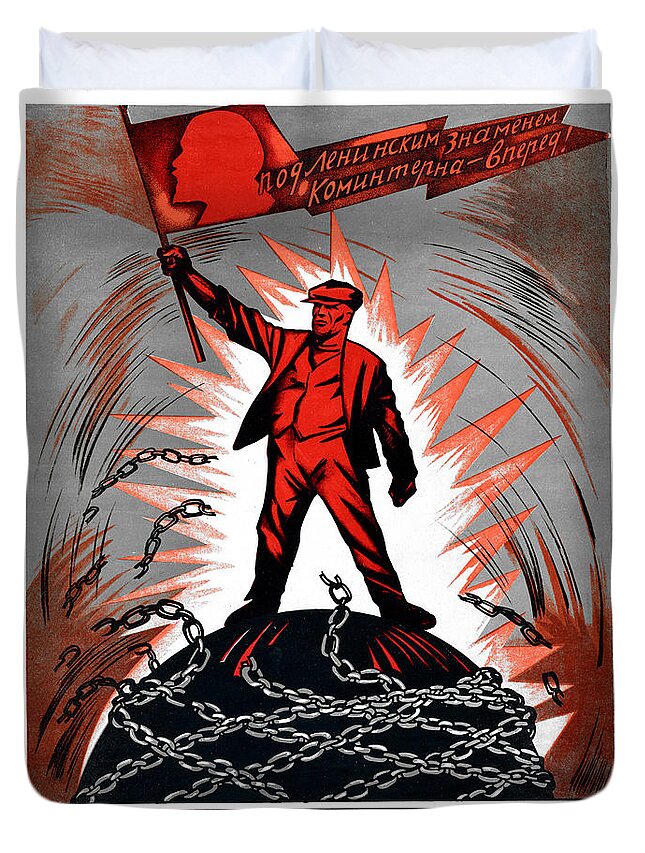 Vintage Duvet Cover featuring the digital art Soviet socialist 1 May celebration Lenin by Heidi De Leeuw