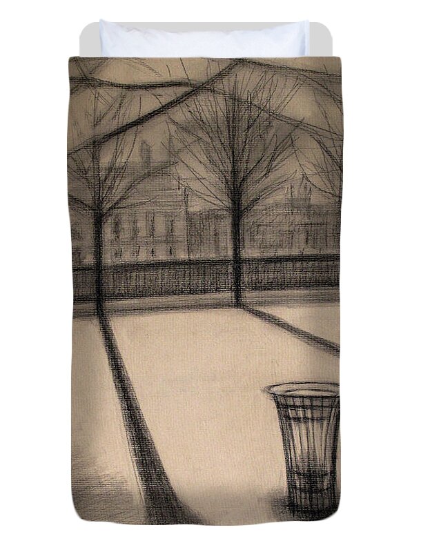 Paris Duvet Cover featuring the drawing The evening in Tuileries Paris by Raimonda Jatkeviciute-Kasparaviciene 