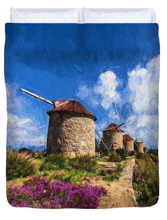 Landscape Duvet Cover featuring the digital art Windmills of Portugal by Charmaine Zoe