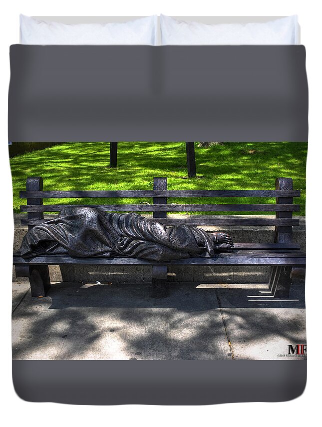 Michael Frank Jr Duvet Cover featuring the photograph 02 Homeless Jesus By Timothy P Schmalz by Michael Frank Jr