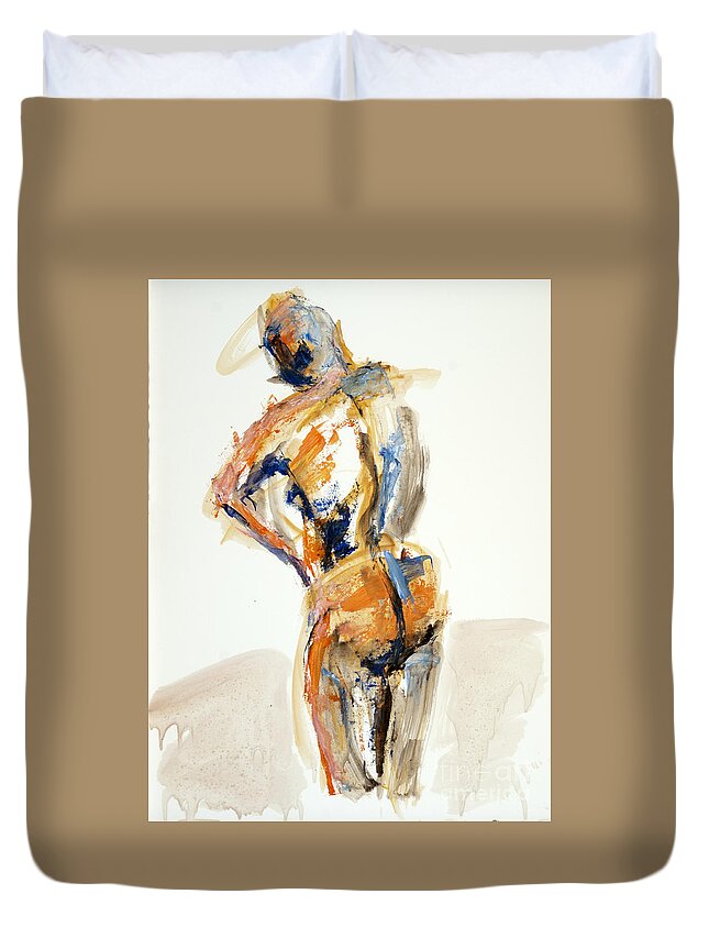 Nude Duvet Cover featuring the painting 04929 Thinking by AnneKarin Glass