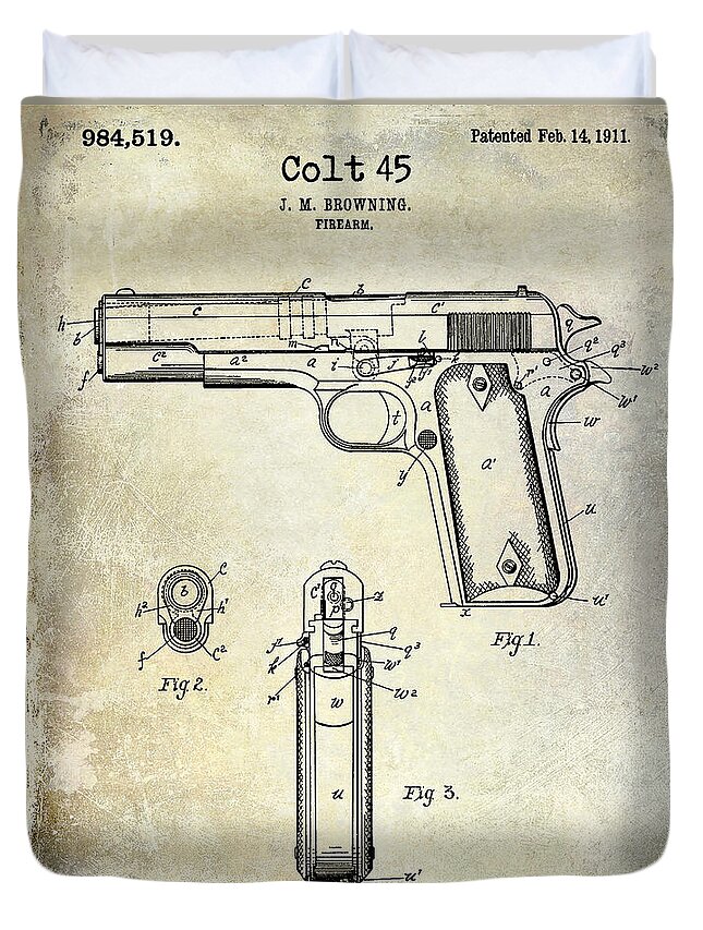 Pistol Duvet Cover featuring the photograph 1911 Colt 45 Firearm Patent by Jon Neidert