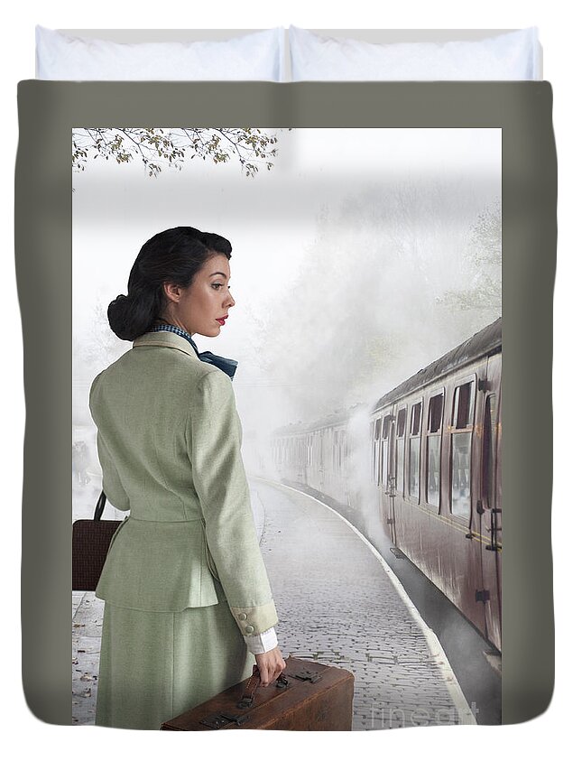 Woman Duvet Cover featuring the photograph 1940's Woman On A Railway Platform With Steam Train by Lee Avison