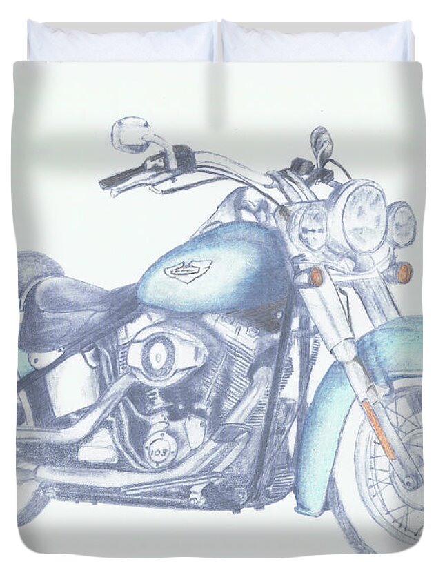 Motorcycle Duvet Cover featuring the drawing 2015 Softail by Terry Frederick