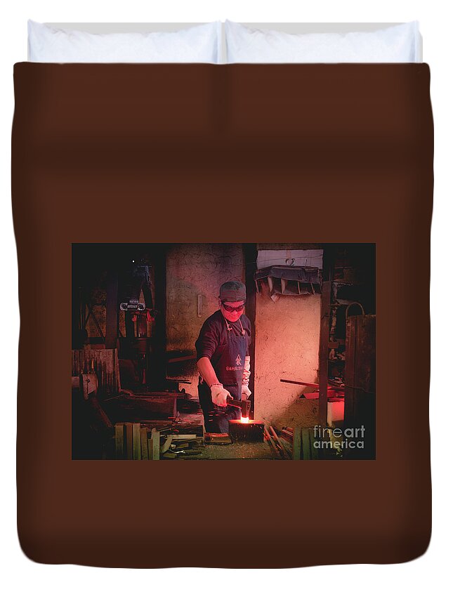 Blacksmith Duvet Cover featuring the photograph 4th Generation Blacksmith, Miki City Japan by Perry Rodriguez