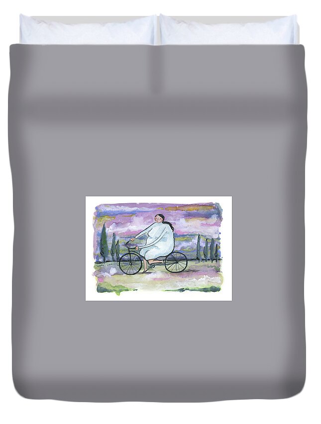 Bike Duvet Cover featuring the painting A beautiful day for a ride by Leanne WILKES