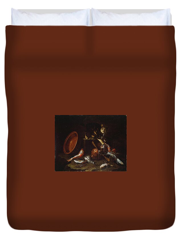 A Cat Stealing Fish Duvet Cover featuring the painting A Cat Stealing Fish #1 by MotionAge Designs