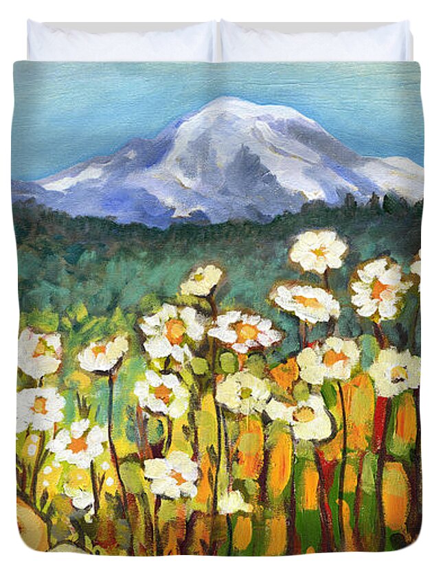 Rainier Duvet Cover featuring the painting A Mountain View by Jennifer Lommers