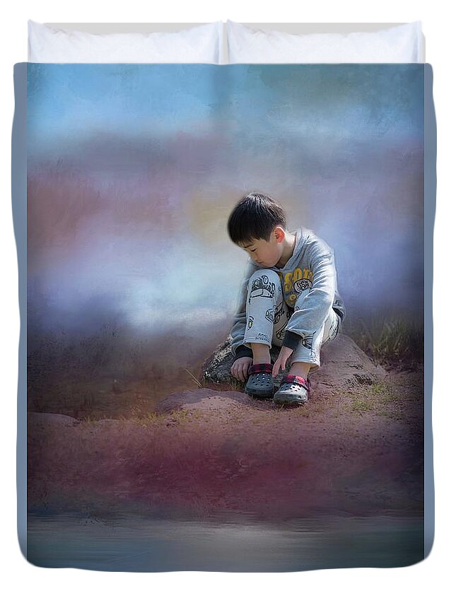 Boy Duvet Cover featuring the photograph Alone #1 by Eva Lechner