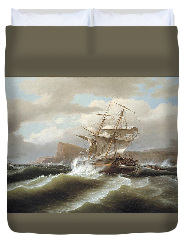 Thomas Birch Duvet Cover featuring the painting An American Ship in Distress by Thomas Birch