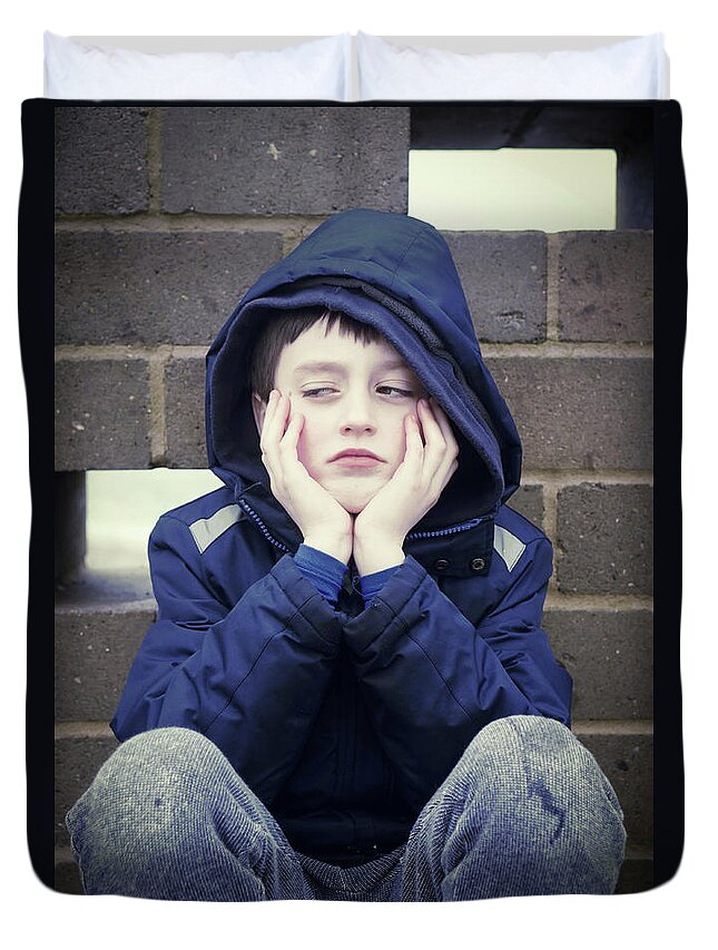 Age Duvet Cover featuring the photograph An upset child #1 by Tom Gowanlock