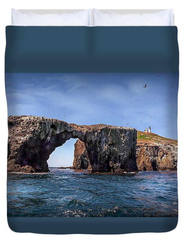 Arch Rock Duvet Cover featuring the photograph Arch Rock and Lighthouse #1 by Endre Balogh