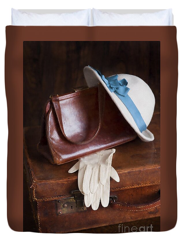 Still Life Duvet Cover featuring the photograph Arrangement Of Vintage Ladies Objects Hat Gloves And Suitcase #1 by Lee Avison