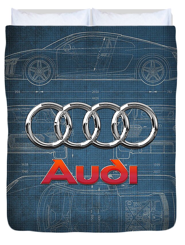 �wheels Of Fortune� Collection By Serge Averbukh Duvet Cover featuring the photograph Audi 3 D Badge over 2016 Audi R 8 Blueprint by Serge Averbukh