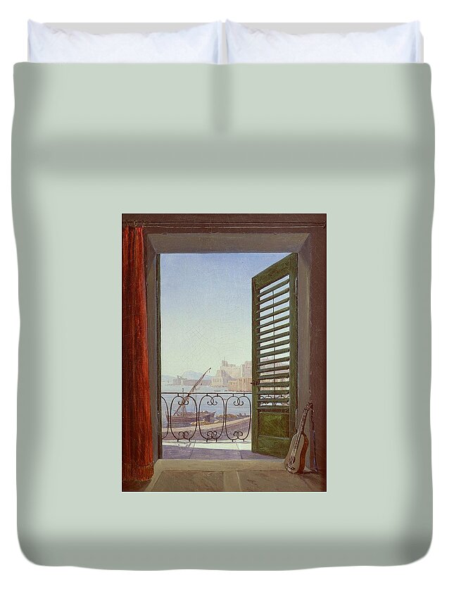 Balcony Room With A View Of The Bay Of Naples  By Carl Gustav Carus Duvet Cover featuring the painting Balcony Room with a View of the Bay of Naples #1 by MotionAge Designs