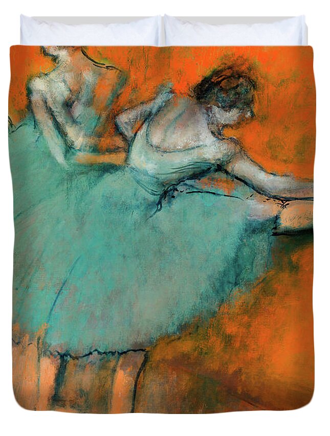 Ballerinas At The Bar Duvet Cover featuring the painting Ballerinas at the bar #1 by Edgar Degas