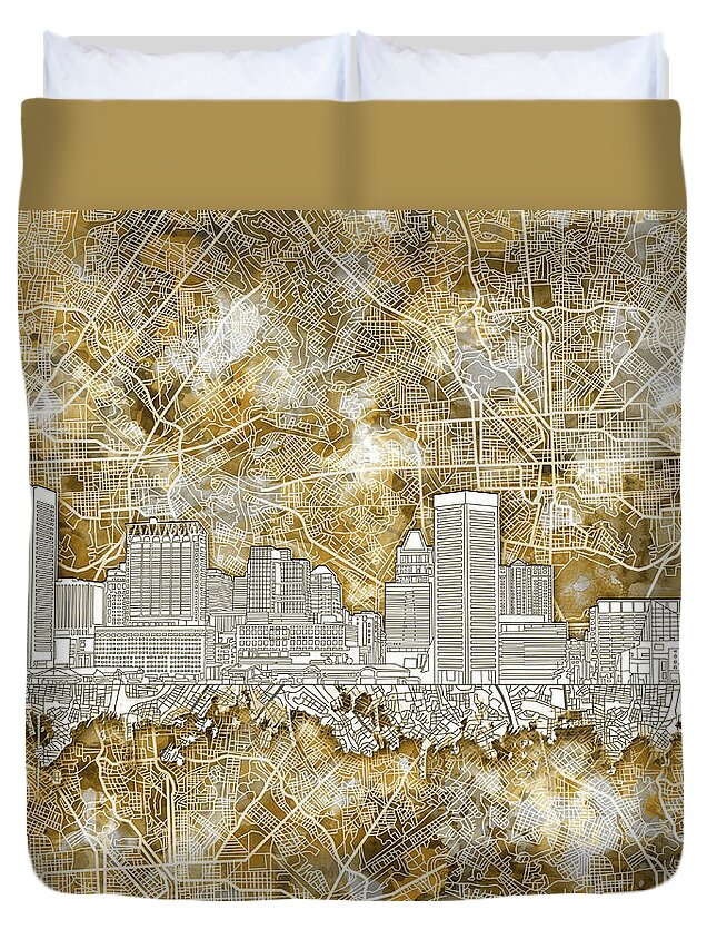 Baltimore Duvet Cover featuring the painting Baltimore Skyline Watercolor 13 #1 by Bekim M