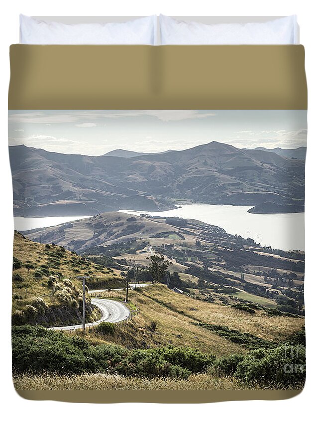 Banks Peninsula Duvet Cover featuring the photograph Banks peninsula near Chirstchurch in New Zealand #1 by Didier Marti