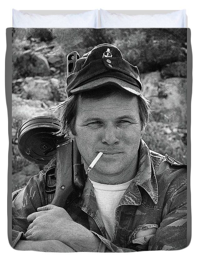 Barry Sadler Holding One Of His Numerous Machine Guns Tucson Arizona 1971 Duvet Cover featuring the photograph Barry Sadler holding one of his numerous machine guns Tucson Arizona 1971 #2 by David Lee Guss