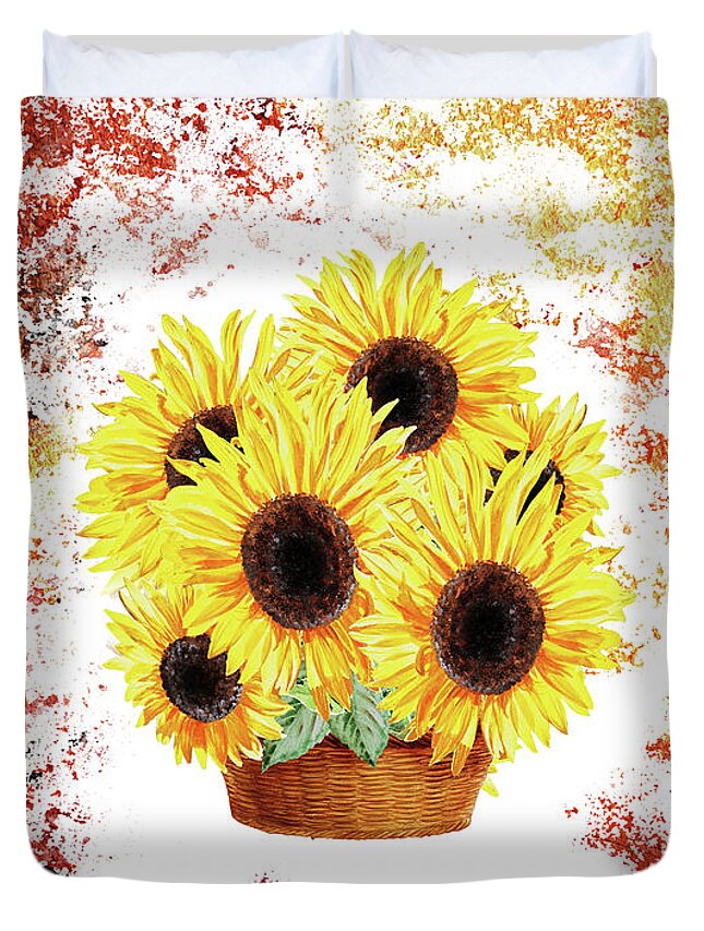 Basket Duvet Cover featuring the painting Basket With Sunflowers #2 by Irina Sztukowski