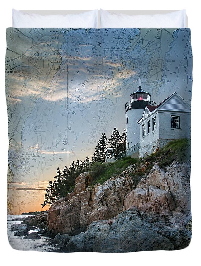  Duvet Cover featuring the photograph Bass Harbor lighthouse on Maine nautical chart #1 by Jeff Folger