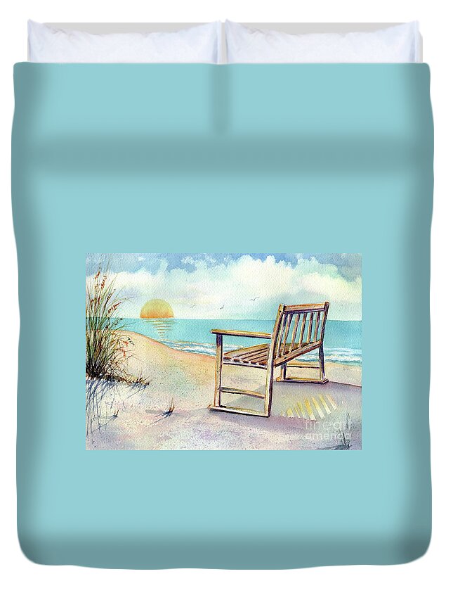 Beach Duvet Cover featuring the painting Beach Bench by Midge Pippel