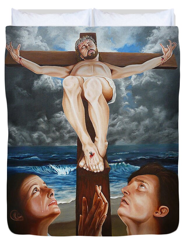 Christ Duvet Cover featuring the painting Behold Your Son by Vic Ritchey