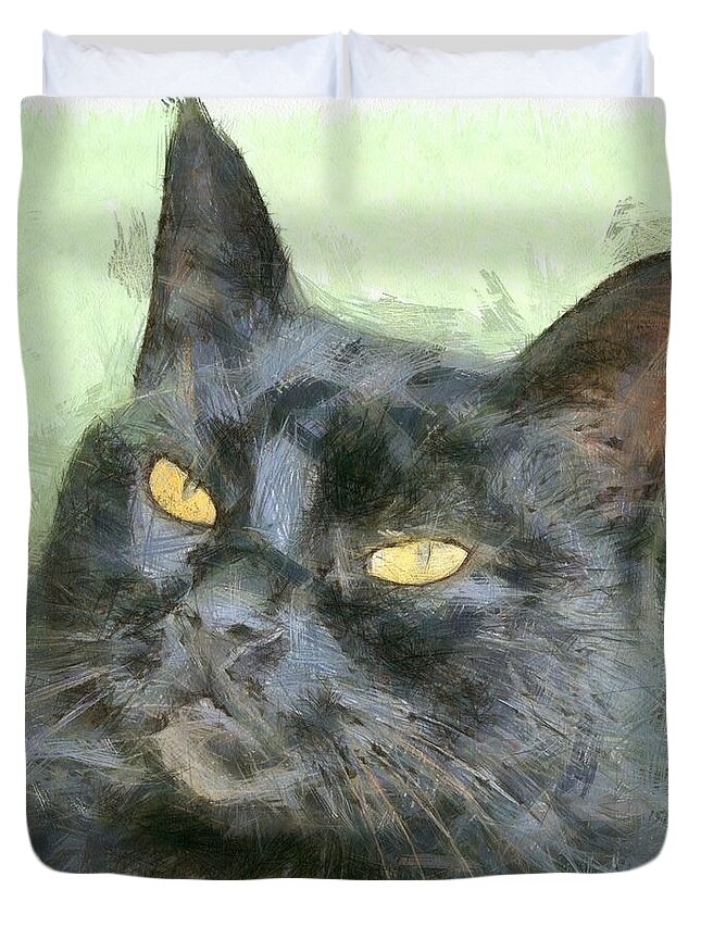 Cat Duvet Cover featuring the drawing Black Cat #1 by Taiche Acrylic Art