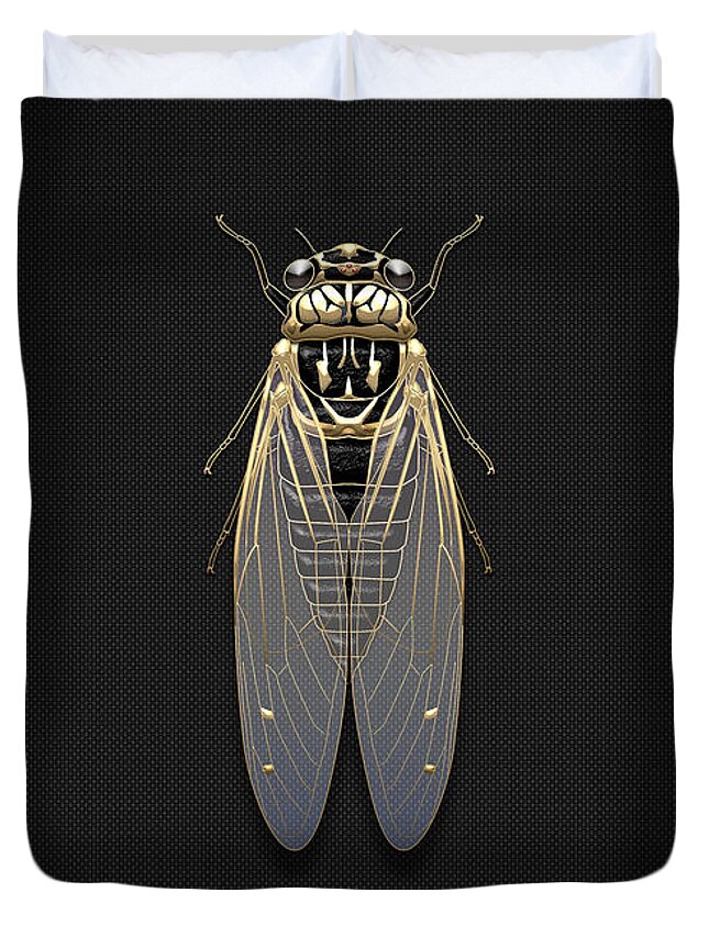 Beasts Creatures And Critters By Serge Averbukh Duvet Cover featuring the photograph Black Cicada with Gold Accents on Black Canvas #1 by Serge Averbukh