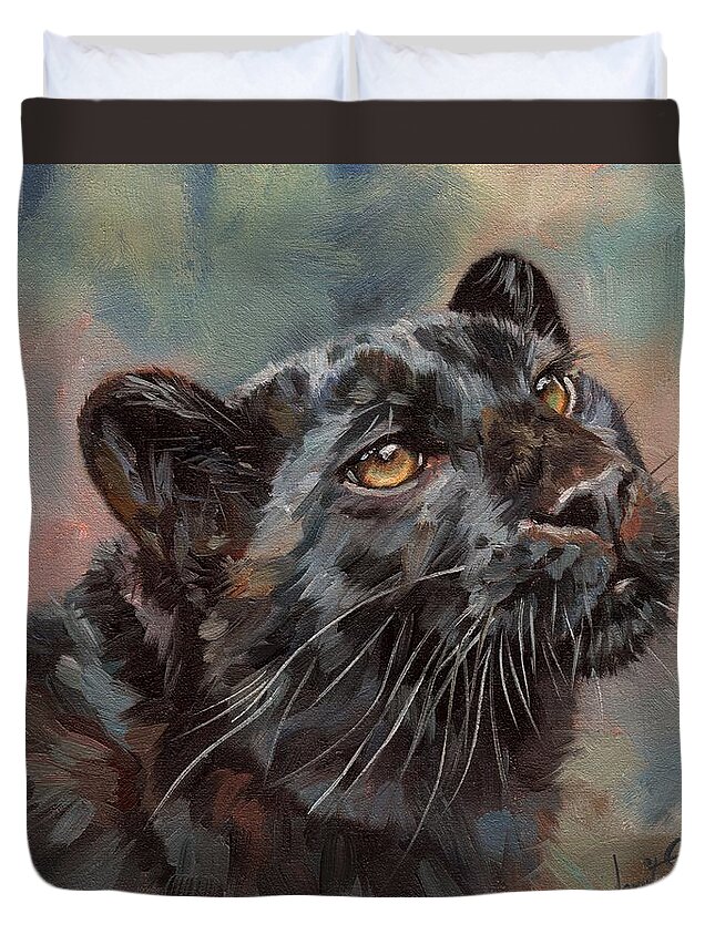 Blacl Duvet Cover featuring the painting Black Leopard #1 by David Stribbling