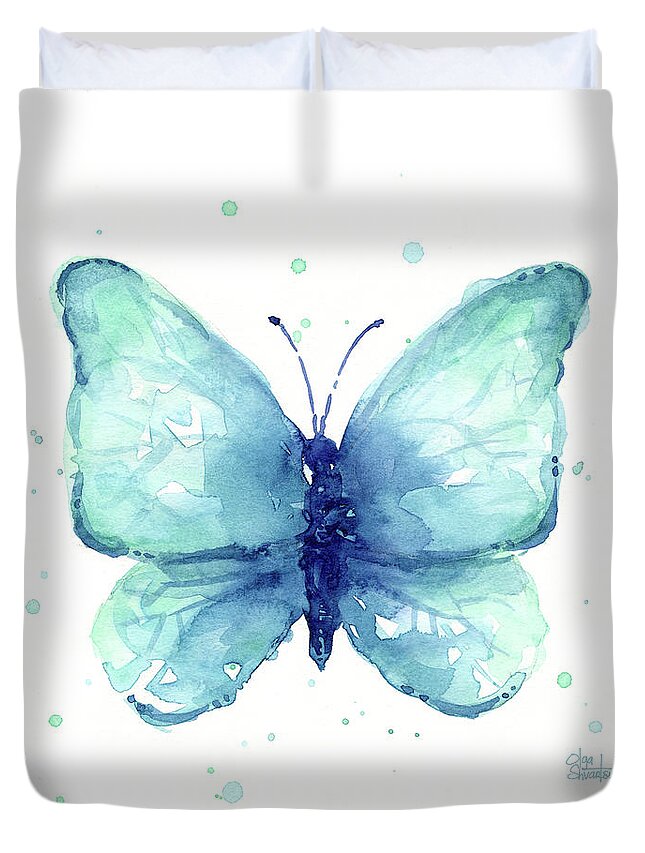 Blue Duvet Cover featuring the painting Blue Butterfly Watercolor by Olga Shvartsur