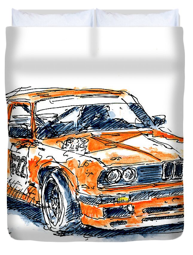 Classic Duvet Cover featuring the drawing BMW 320 iS Racecar Ink Drawing and Watercolor by Frank Ramspott