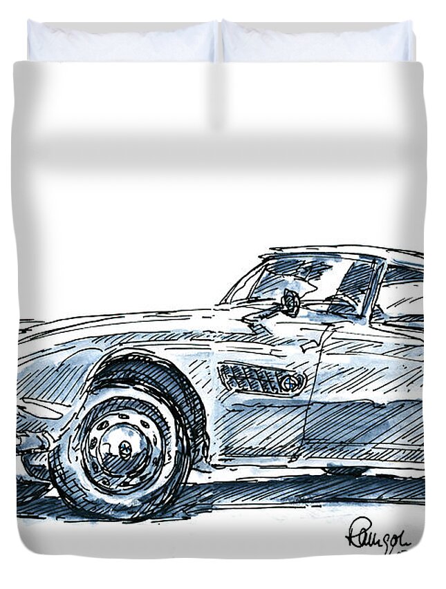 Classic Duvet Cover featuring the drawing BMW 507 Roadster Classic Car Ink Drawing and Watercolor by Frank Ramspott
