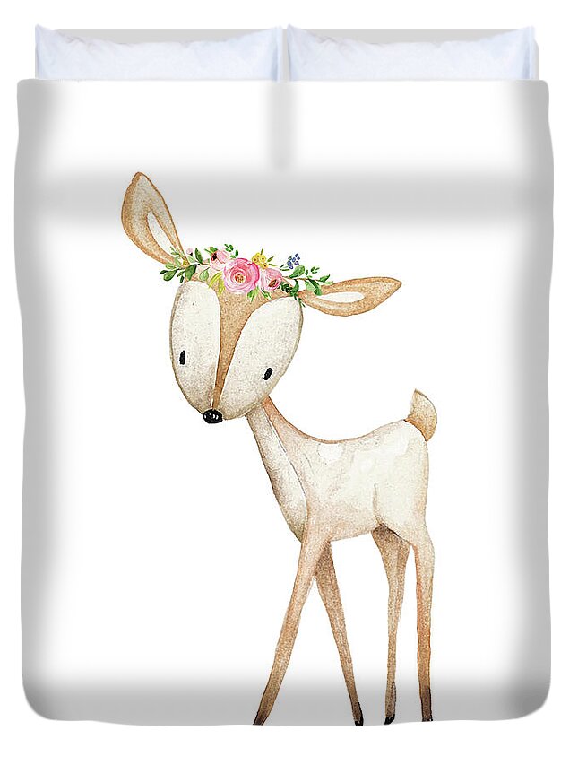 Throw Pillow Duvet Cover featuring the digital art Boho Woodland Baby Nursery Deer Floral Watercolor #1 by Pink Forest Cafe
