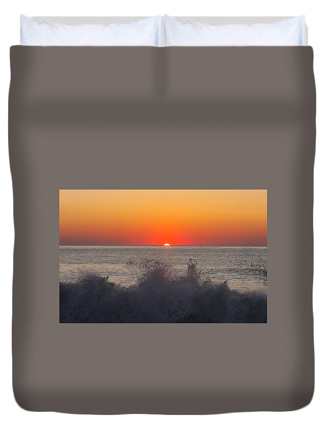 Atlantic Ocean Rehoboth Beach Deleware Nature Sunrise Pier Wave Frothy Sun Red Orange Water Breaking Waves Duvet Cover featuring the photograph Breaking Wave at Sunrise #2 by Allan Levin