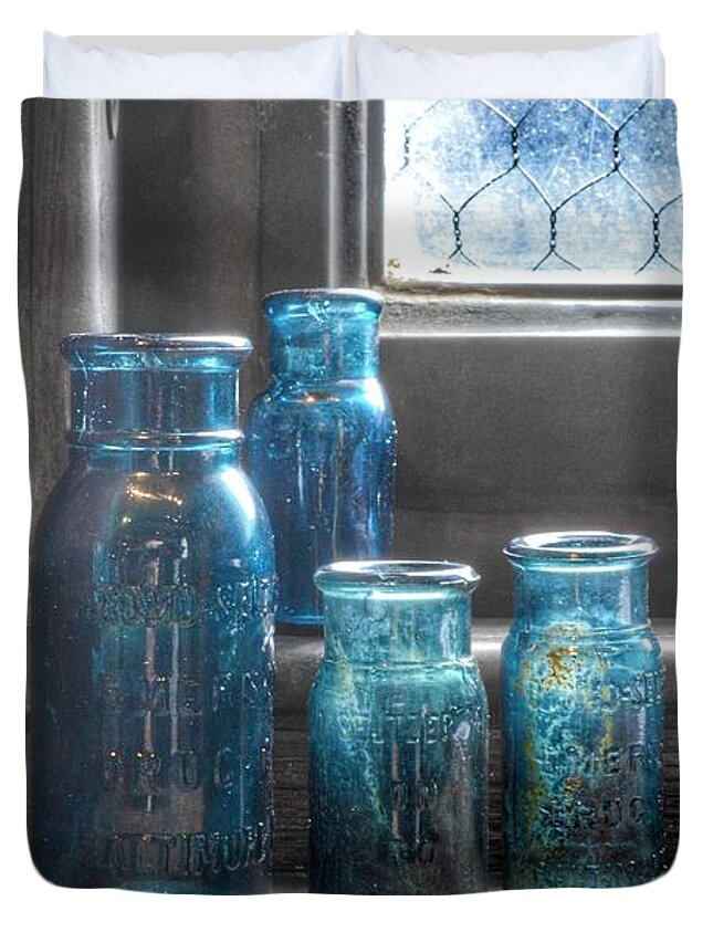 Bromo Seltzer Vintage Glass Bottles Duvet Cover featuring the photograph Bromo Seltzer Vintage Glass Bottles #1 by Marianna Mills
