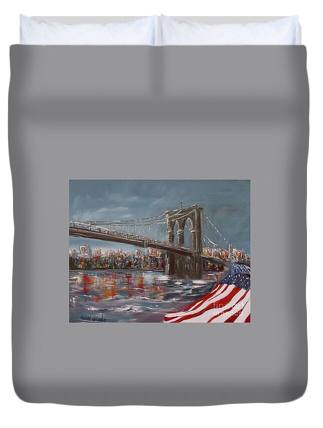 Brooklyn Bridge New York Town Big Apple Blue Evening American Flag Red White Manhattan Usa Lights Street Water Bay River Reflection Colors Acrylic Painting On Canvas Print Miroslaw Chelchowski Duvet Cover featuring the painting Brooklyn Bridge #1 by Miroslaw Chelchowski