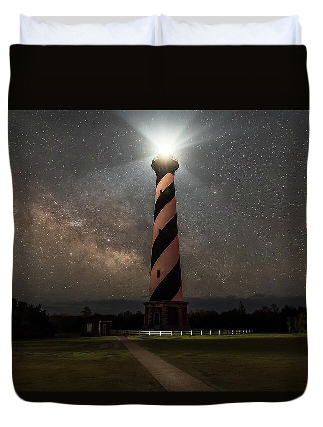  Lighthouse Duvet Cover featuring the photograph Cape Hatteras Lighthouse under the stars #1 by Nick Noble