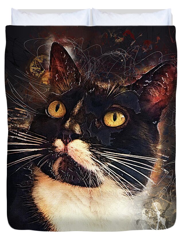 Cat Duvet Cover featuring the painting cat Jagoda #1 by Justyna Jaszke JBJart