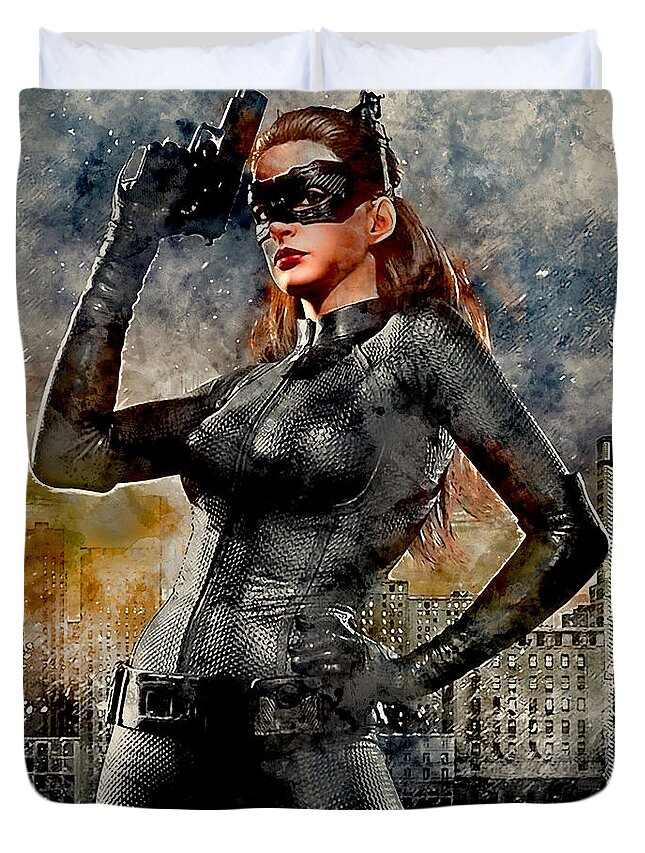Ann Hathaway Duvet Cover featuring the mixed media Catwoman #1 by Marvin Blaine