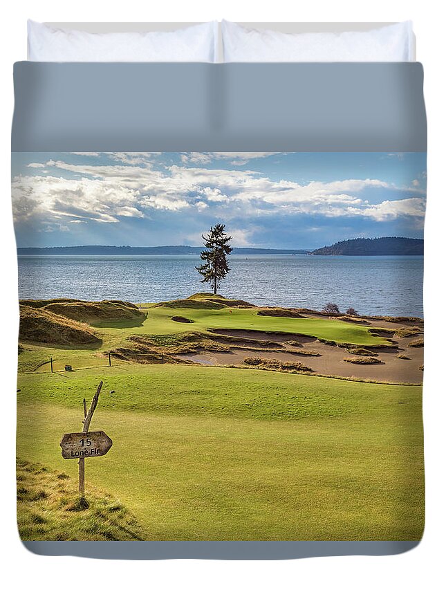 Chambers Bay Golf Course Duvet Cover featuring the photograph Chambers Bay, Hole #15, Lone Fir #1 by Mike Centioli