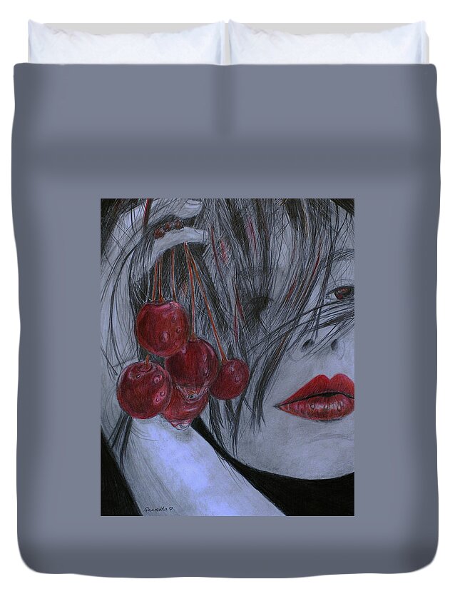 Portrait Duvet Cover featuring the drawing Cherry Kisses #1 by Quwatha Valentine