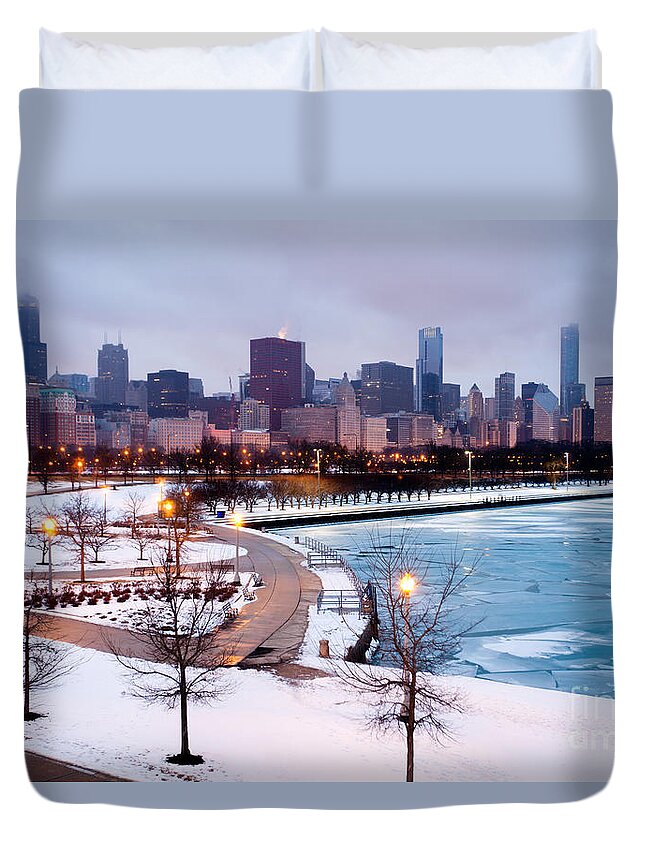 America Duvet Cover featuring the photograph Chicago Skyline in Winter by Paul Velgos