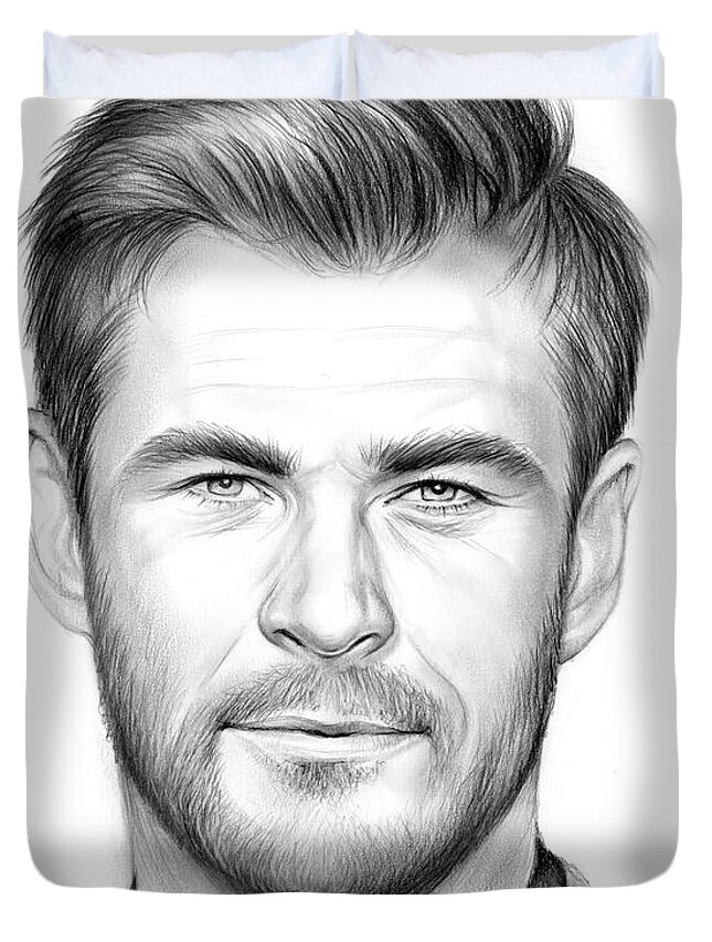 Chris Hemsworth Duvet Cover featuring the drawing Chris Hemsworth #1 by Greg Joens