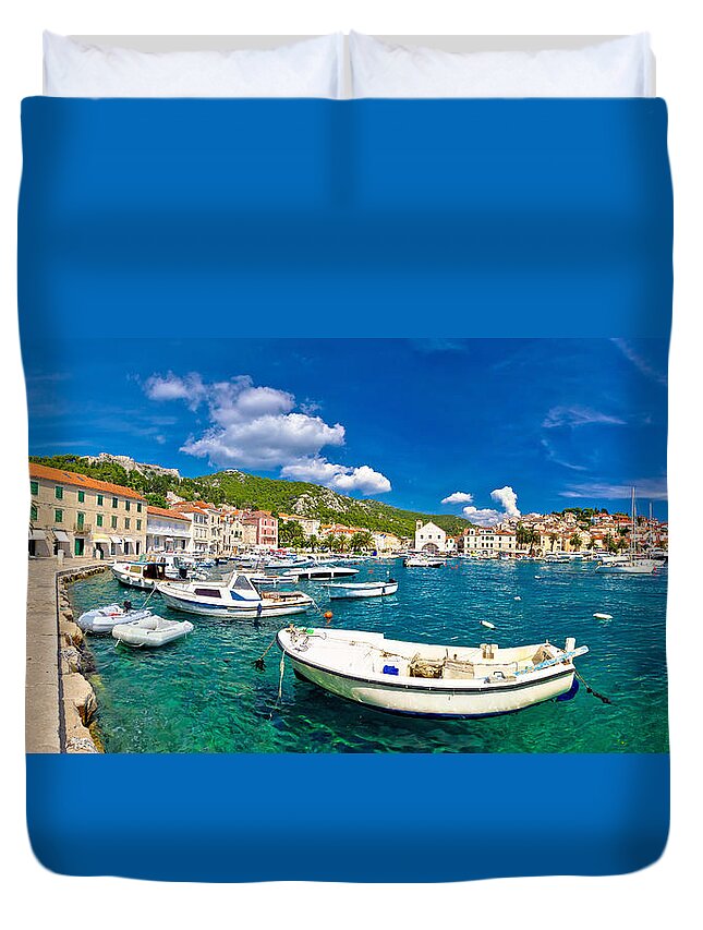 Hvar Duvet Cover featuring the photograph Coastal town of Hvar waterfront panorama #1 by Brch Photography