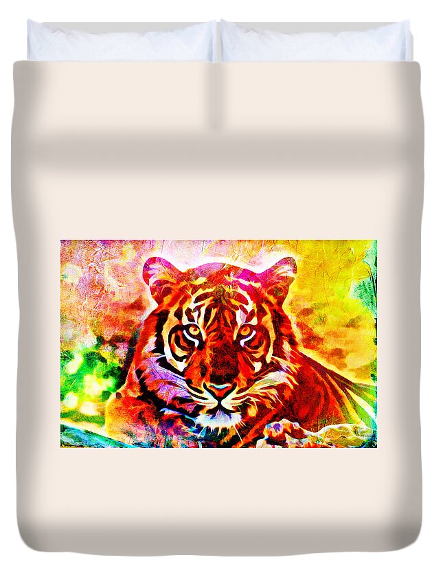 Colorful Duvet Cover featuring the digital art Colorful Tiger #2 by Lilia S