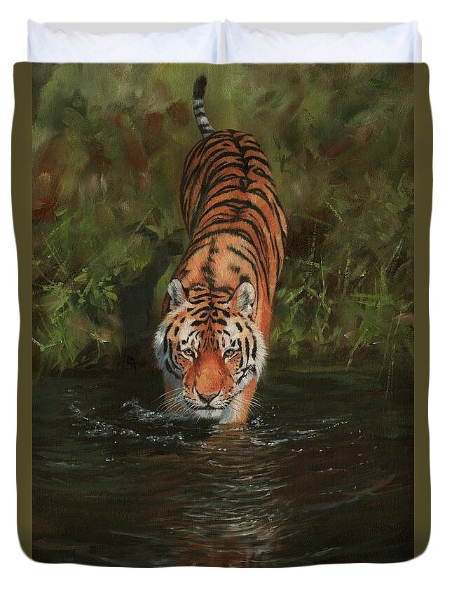 Tiger Duvet Cover featuring the painting Cool 2 by David Stribbling