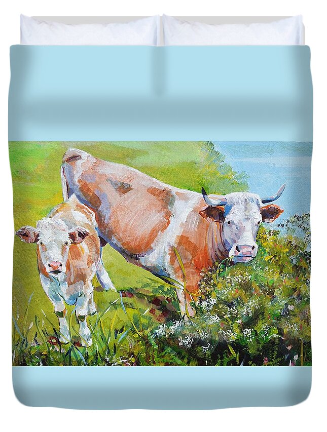 Cow And Calf Duvet Cover featuring the painting Cow and Calf Painting #2 by Mike Jory