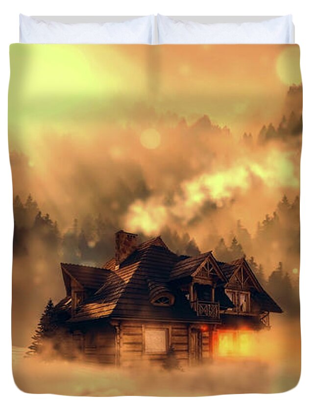 Log Cabin Duvet Cover featuring the mixed media Cozy In Winter #1 by Mountain Dreams