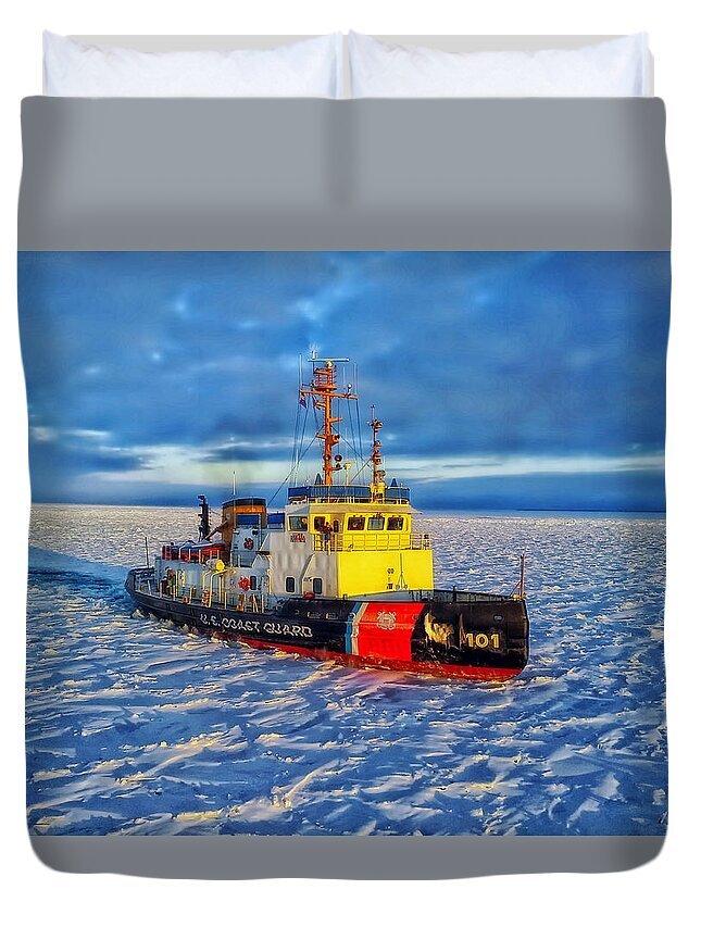 United States Coast Guard Duvet Cover featuring the photograph Cutting Through The Ice On Lake Michigan by Mountain Dreams